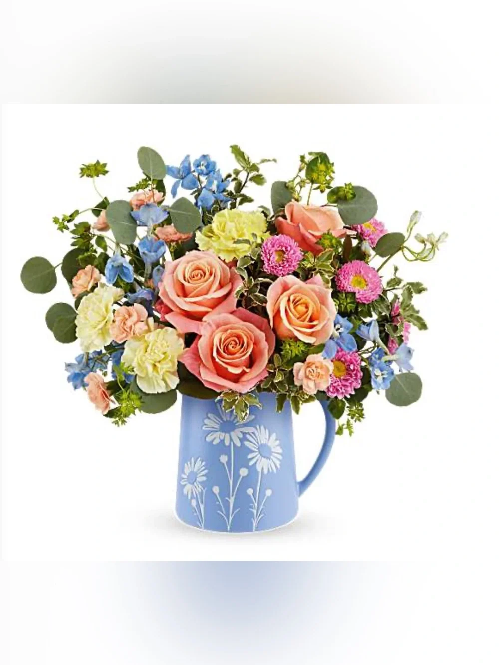 Teleflora Daisy Blue Ceramic Pitcher Vase
